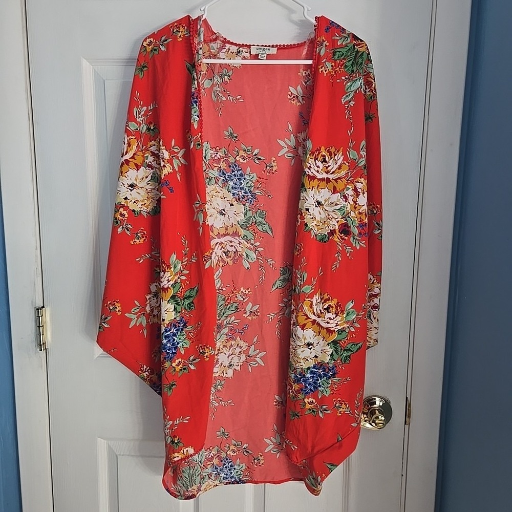 Umgee Kimono Women's Red Floral Medium/Large Open Front Boho Festival Oversized